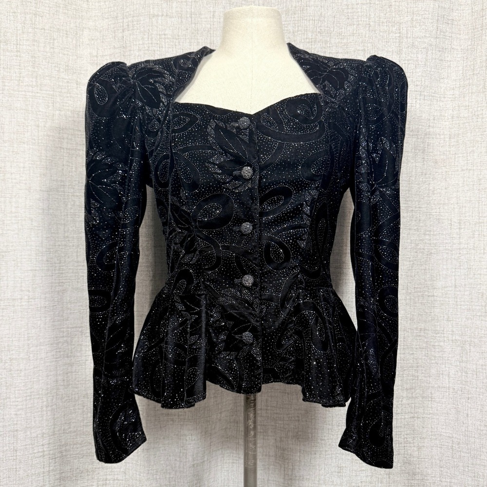 Vtg Gunne Sax Jessica McClintock Black Velvet Glitter Jacket 9 Whimsygoth Vamp